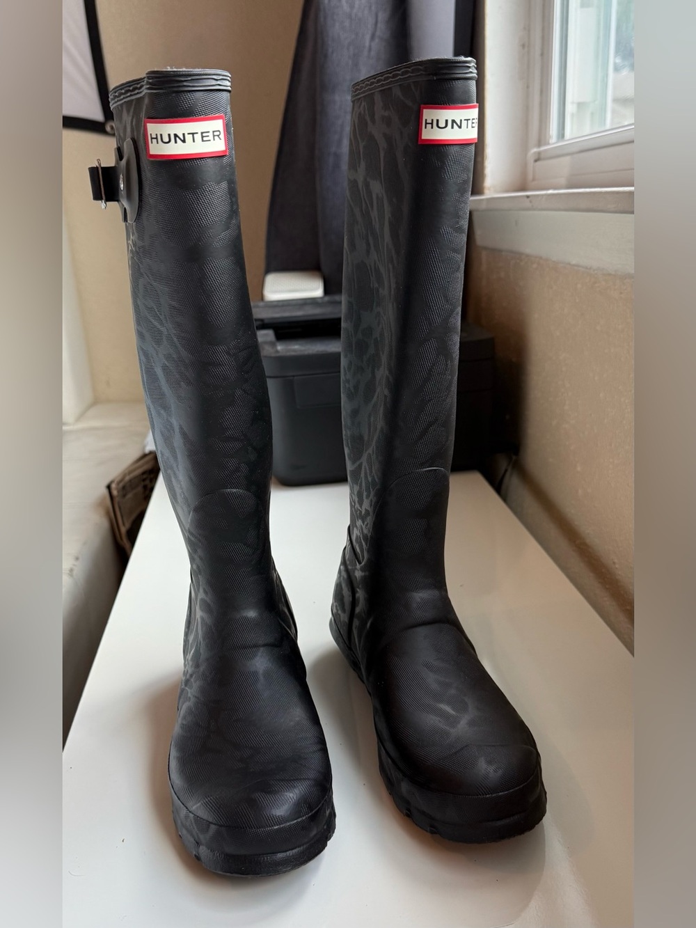 Hunter Black Tall Women's Rain Boots with Subtle Textute Print